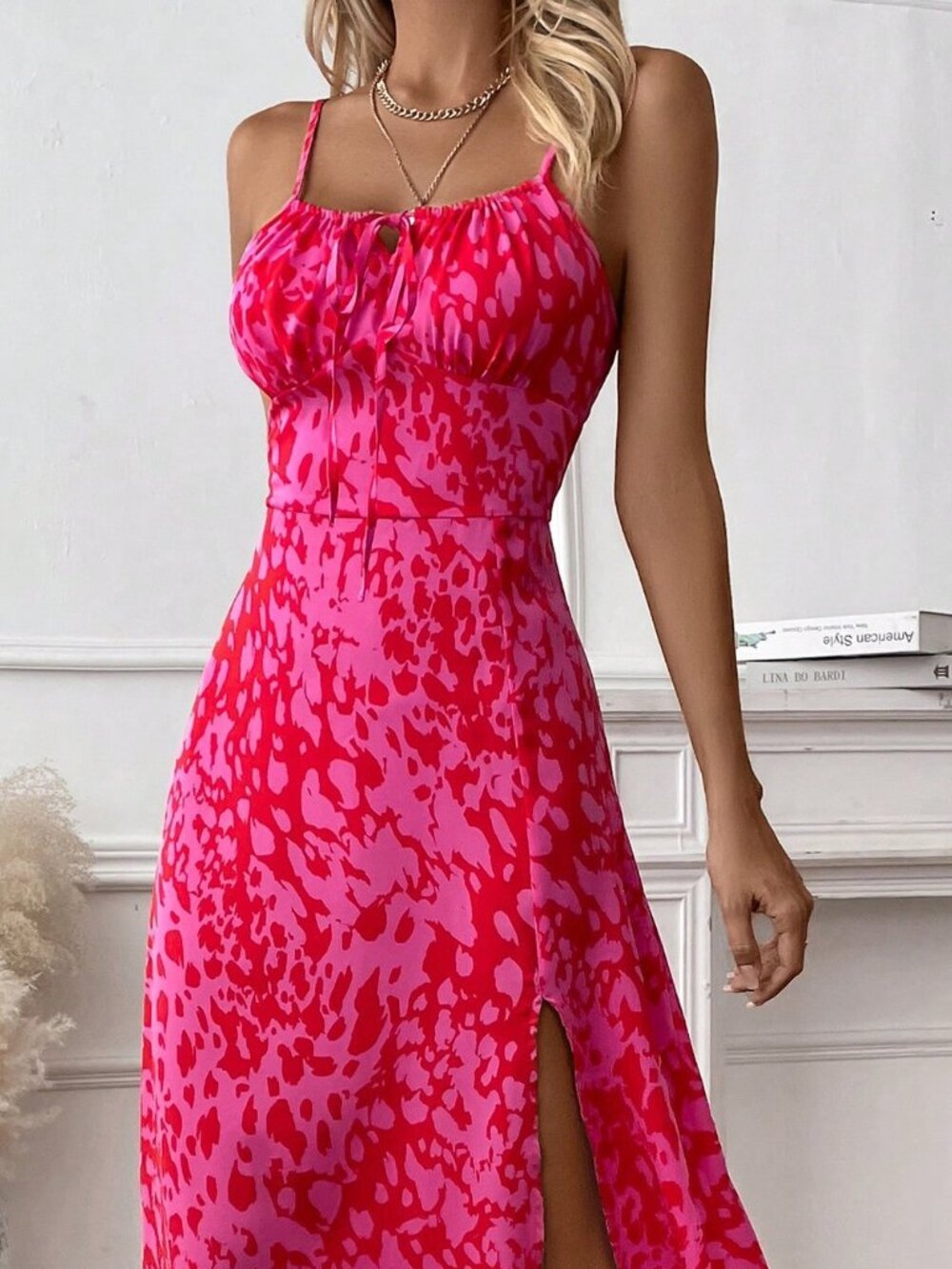 Multicolor Casual Women's Allover Print Tie Front Split Thigh Cami Dress - Picture 6 of 6